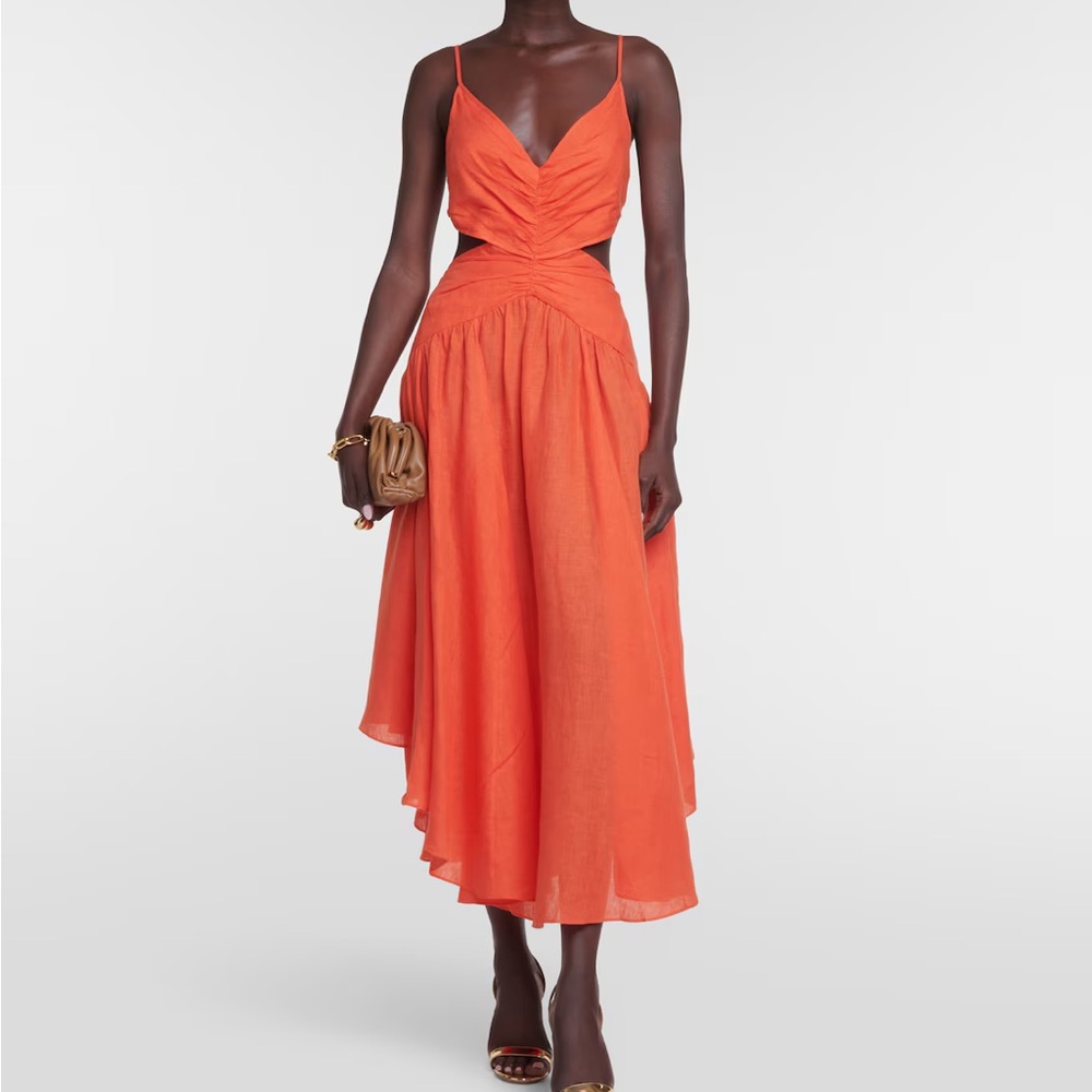 Zimmermann Raie Orange Linen Cut-out Midi Dress